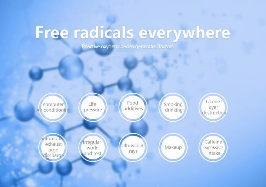 Blue background with molecular structure illustrating free radicals and reactive oxygen species factors
